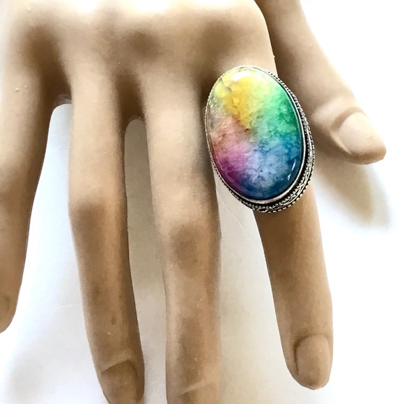 Exotic Rainbow Drusy Gemstone Ring - Vintage Style - Picture 1 of 9